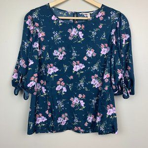 Rebecca Taylor Silk Blend Tied Sleeve Floral Teal Top Size Small
